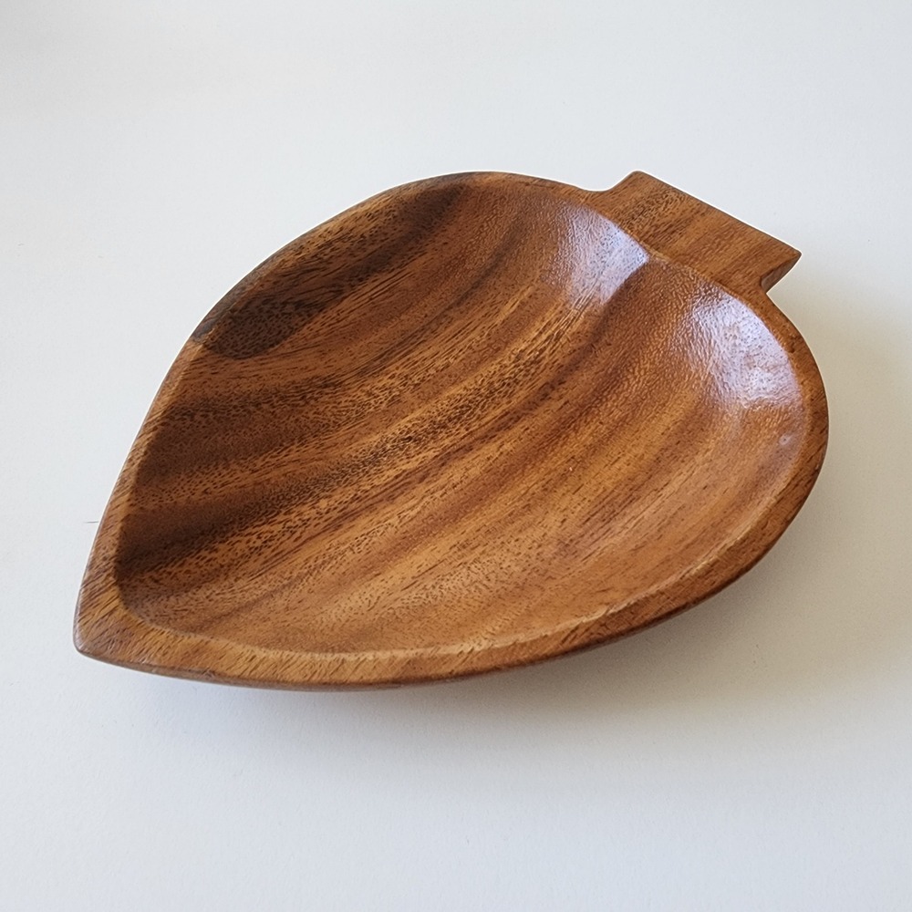 VTG Leaf Shaped Wooden Dish Oak Mid Century Modern Boho Decor Handmade Catchall